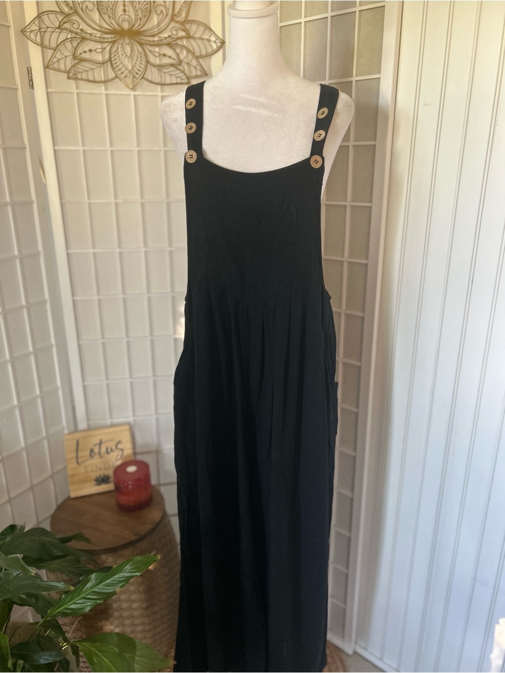 TARSE Large Black Linen-Blend Wide-Leg Overalls